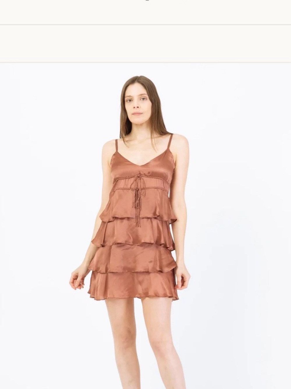 Satin Tiered Spaghetti-Strap Dress in Copper/Mauve